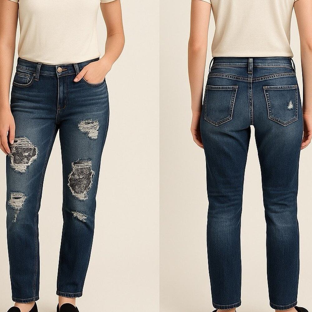 Distressed Sequin Patch Jeans Women’s Size 6 Mid Rise Straight Leg Denim